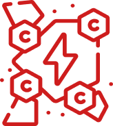 A red icon with a lightning bolt surrounded by hexagons containing the letter 'C'.