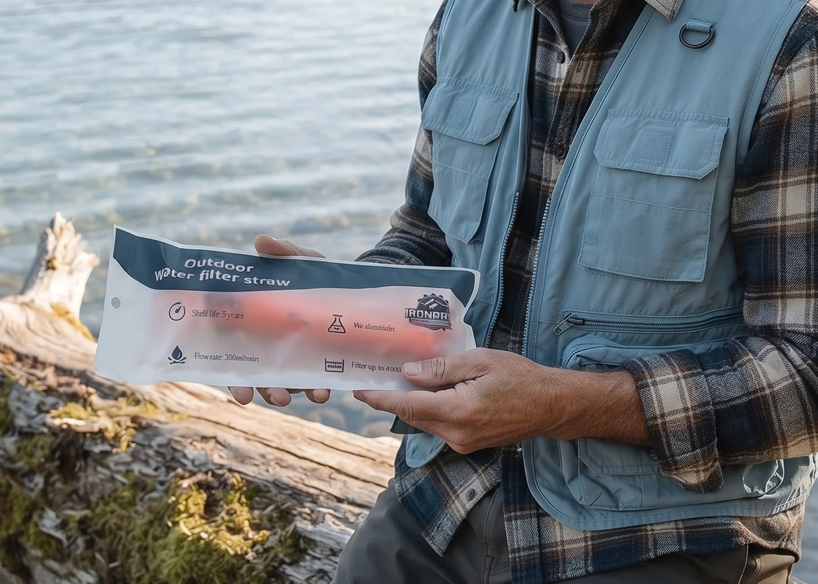 A person in a vest and plaid shirt holds a packaged outdoor water filter straw by a lake.