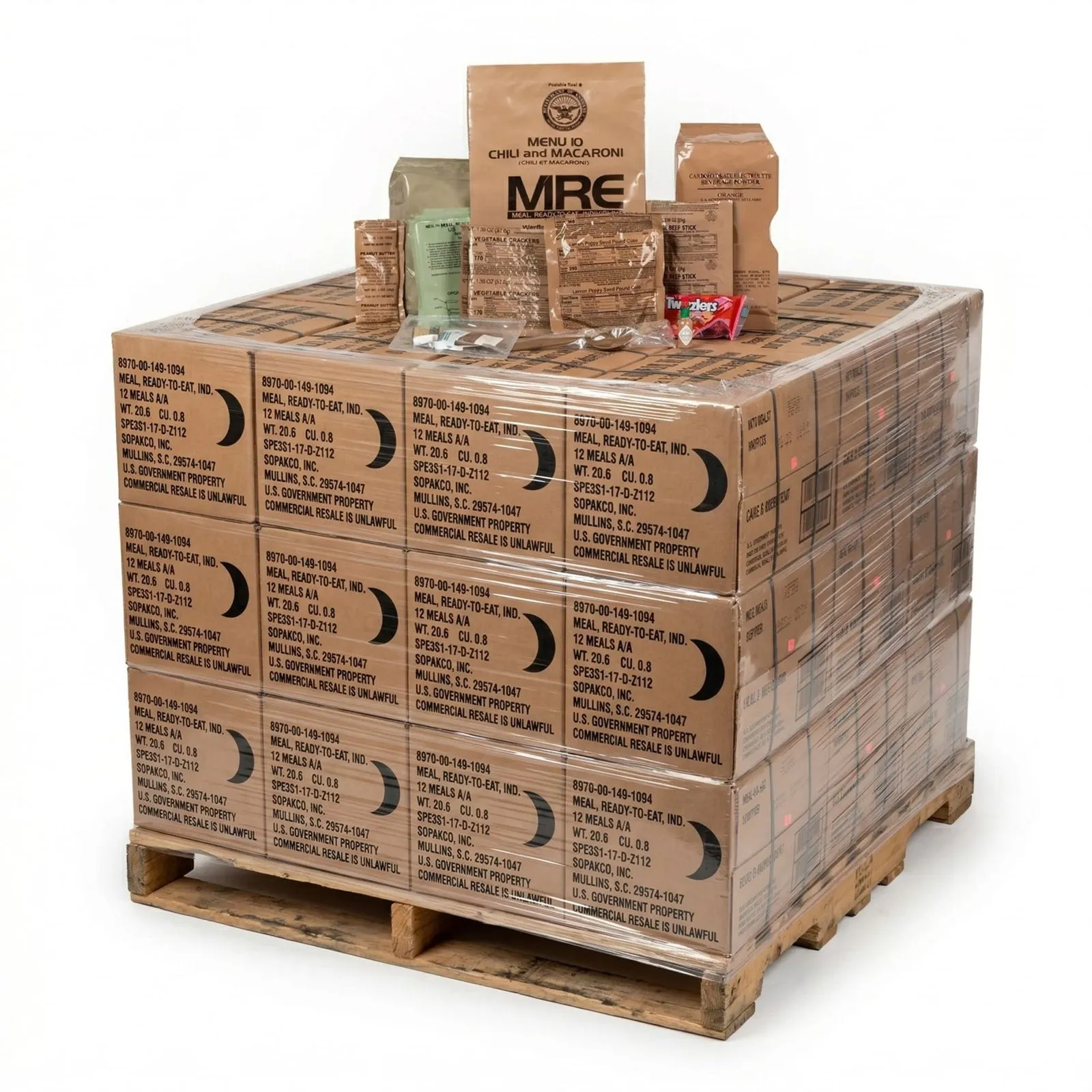 A pallet of MRE cases with the contents of one meal displayed on top.