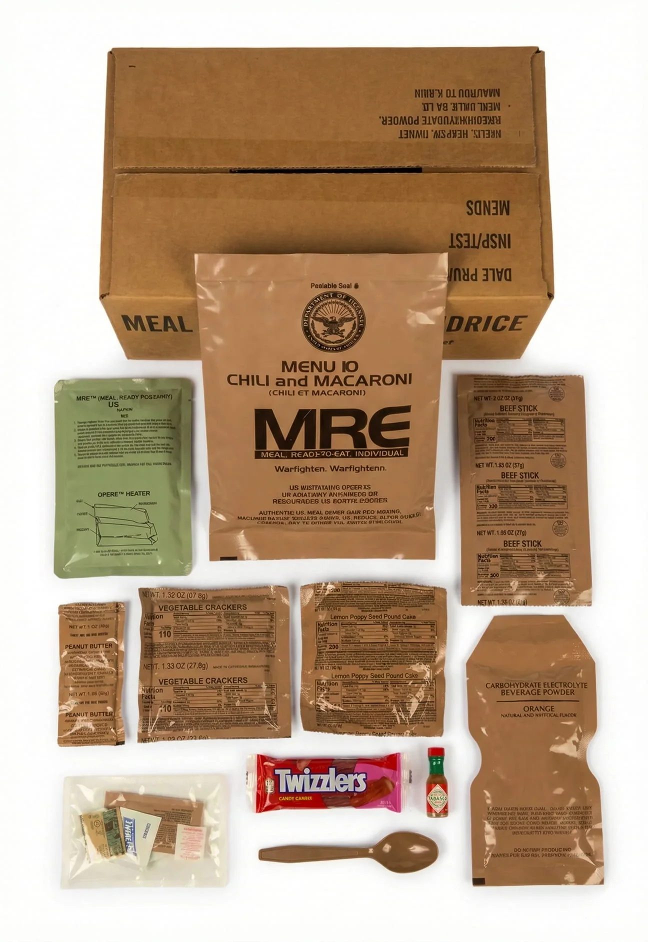 A US military Meal, Ready-to-Eat (MRE) with its box and all contents laid out on display.