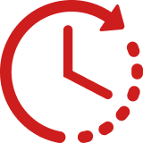 A red icon of a clock with a circular arrow indicating the passage of time.