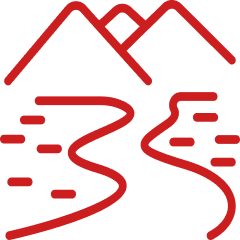 A red line icon depicting mountains with a winding river in the foreground.
