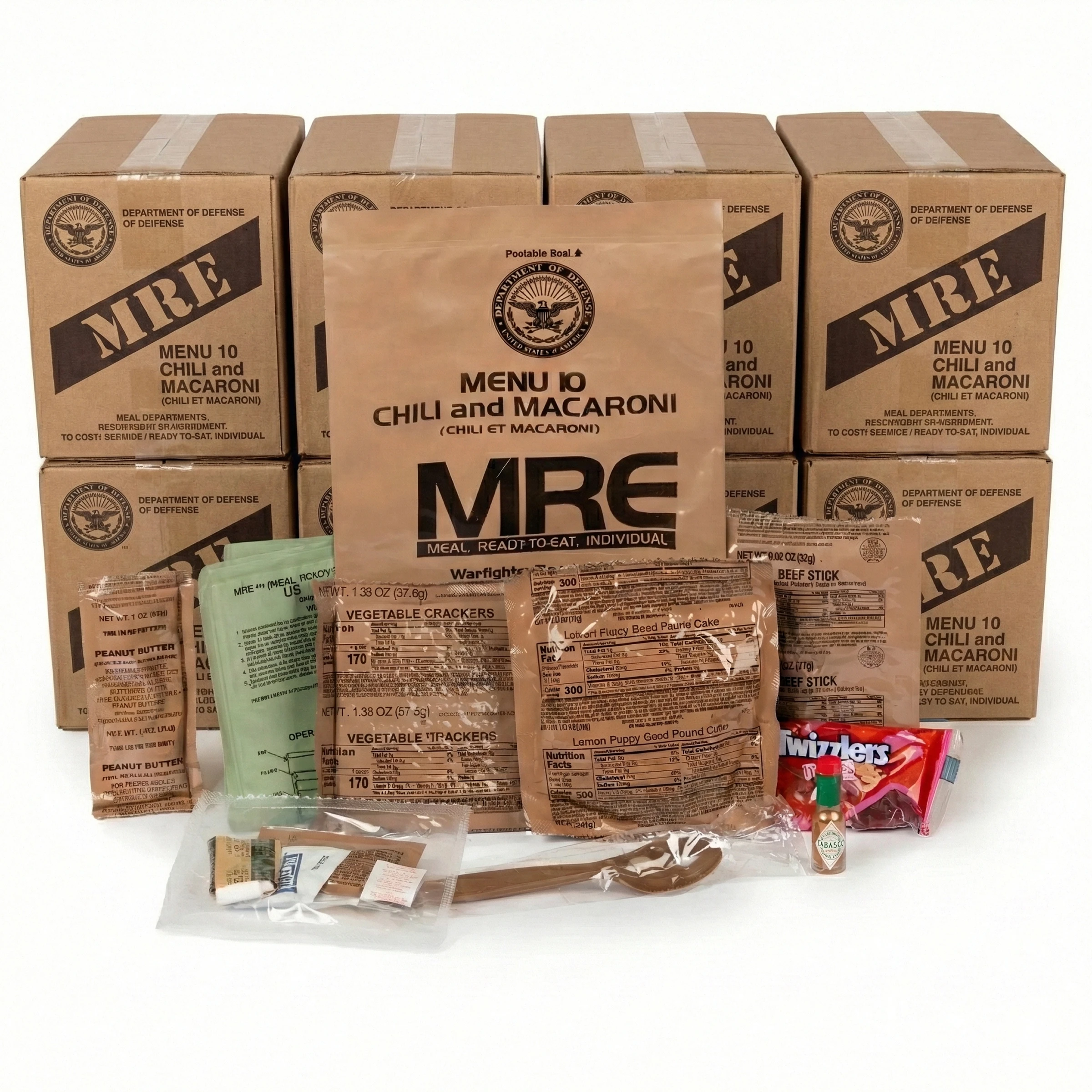 Cases of MREs with the contents of a Chili and Macaroni meal displayed in front.