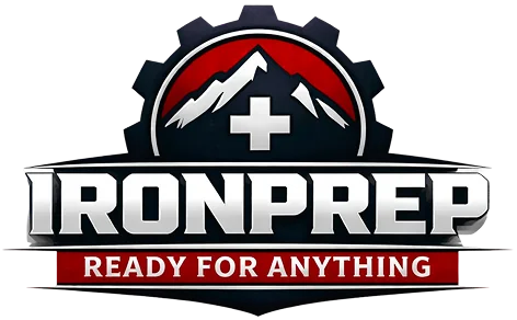 The Ironprep logo, featuring a gear, mountain, and medical cross, with the tagline 'Ready For Anything'.