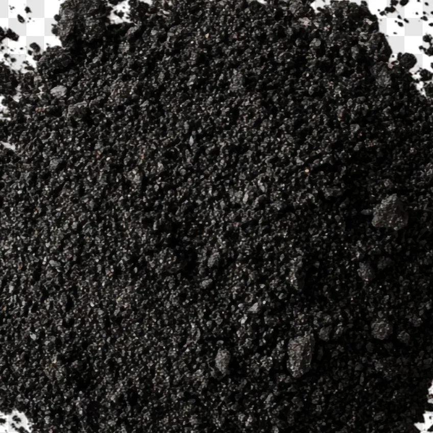 A close-up overhead shot of a pile of dark, rich soil against a white background.