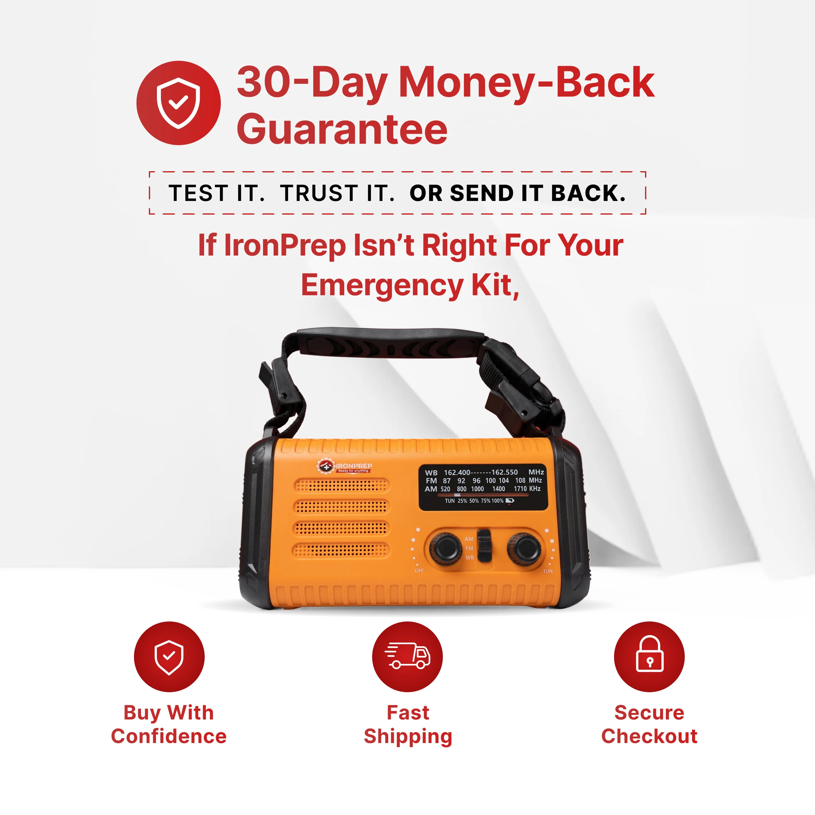 An orange IronPrep emergency radio advertised with a 30-day money-back guarantee and purchasing benefits.
