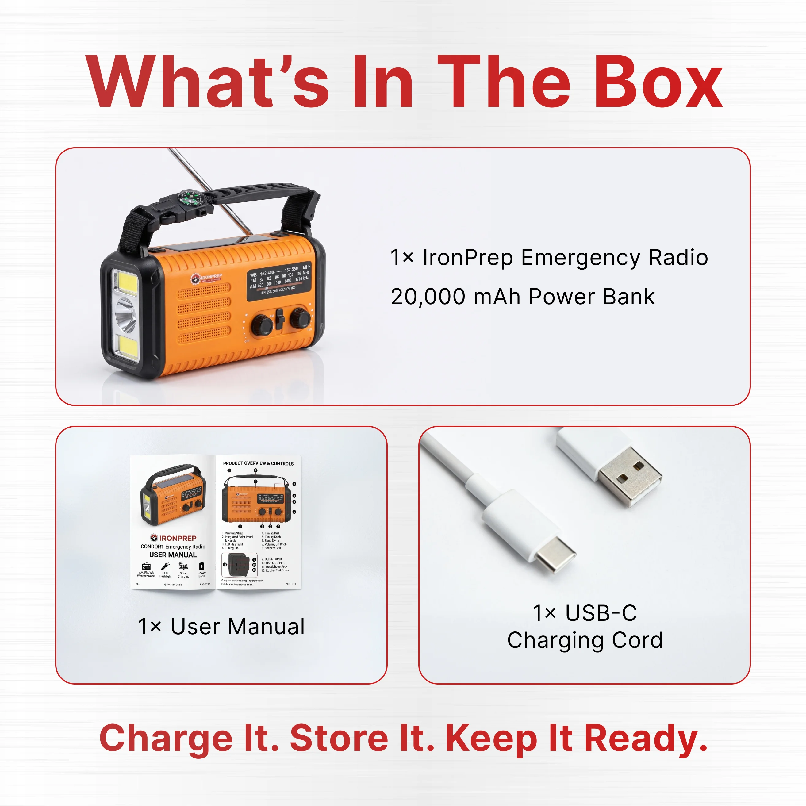 An image showing the contents of an emergency radio box: the radio, a user manual, and a USB-C cord.