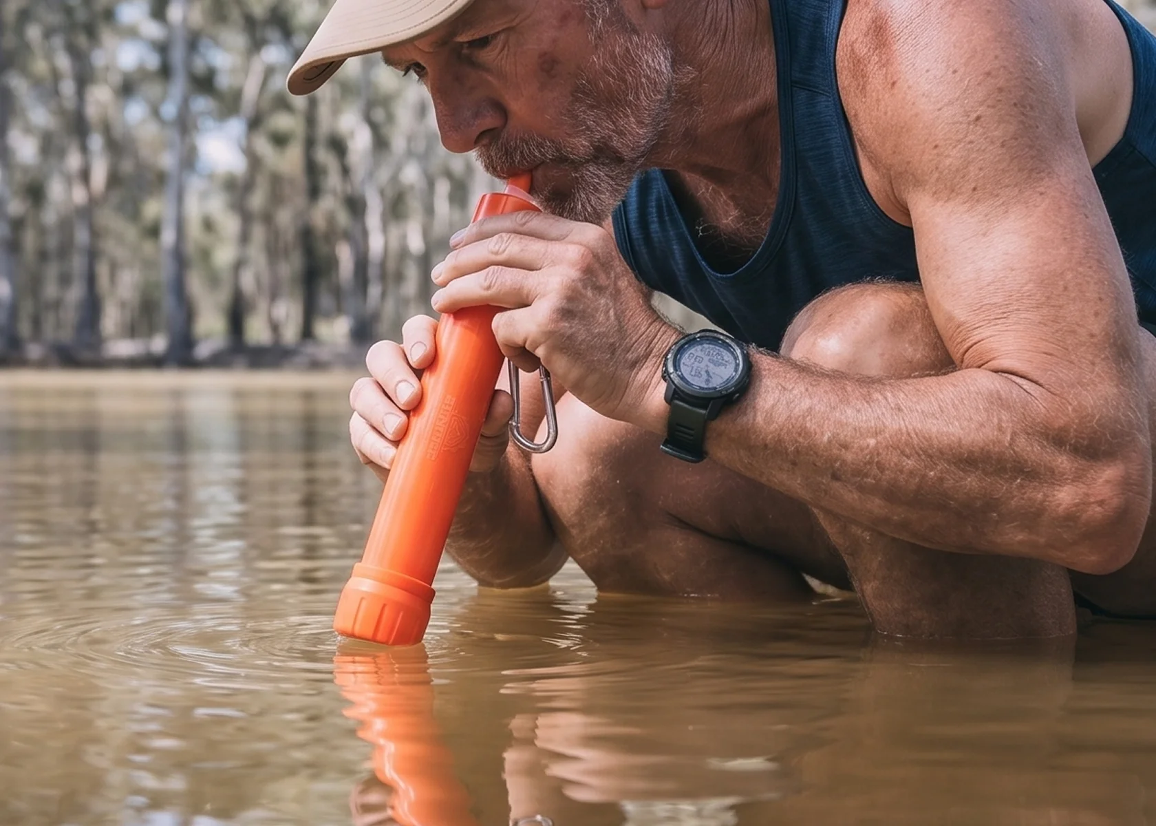 A man kneels in murky water, drinking directly from it with an orange water filter straw.