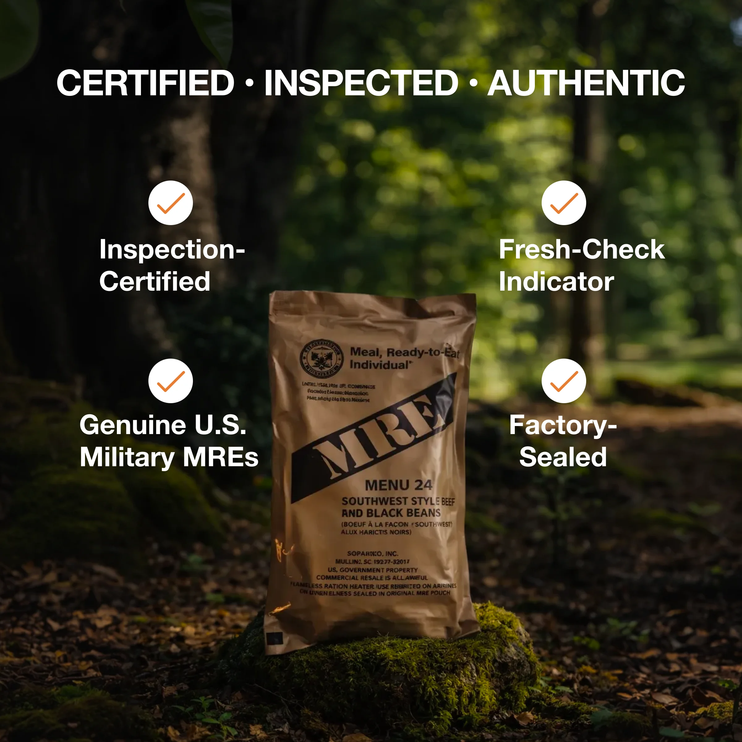 A U.S. Military MRE package in a forest with text highlighting certified, inspected, and authentic features.