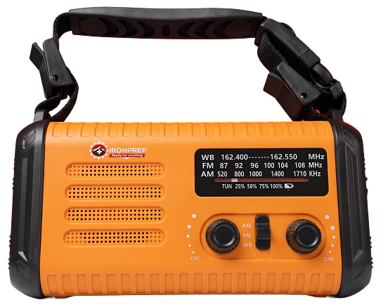 An orange and black portable IRONPREP emergency weather radio with a top handle.