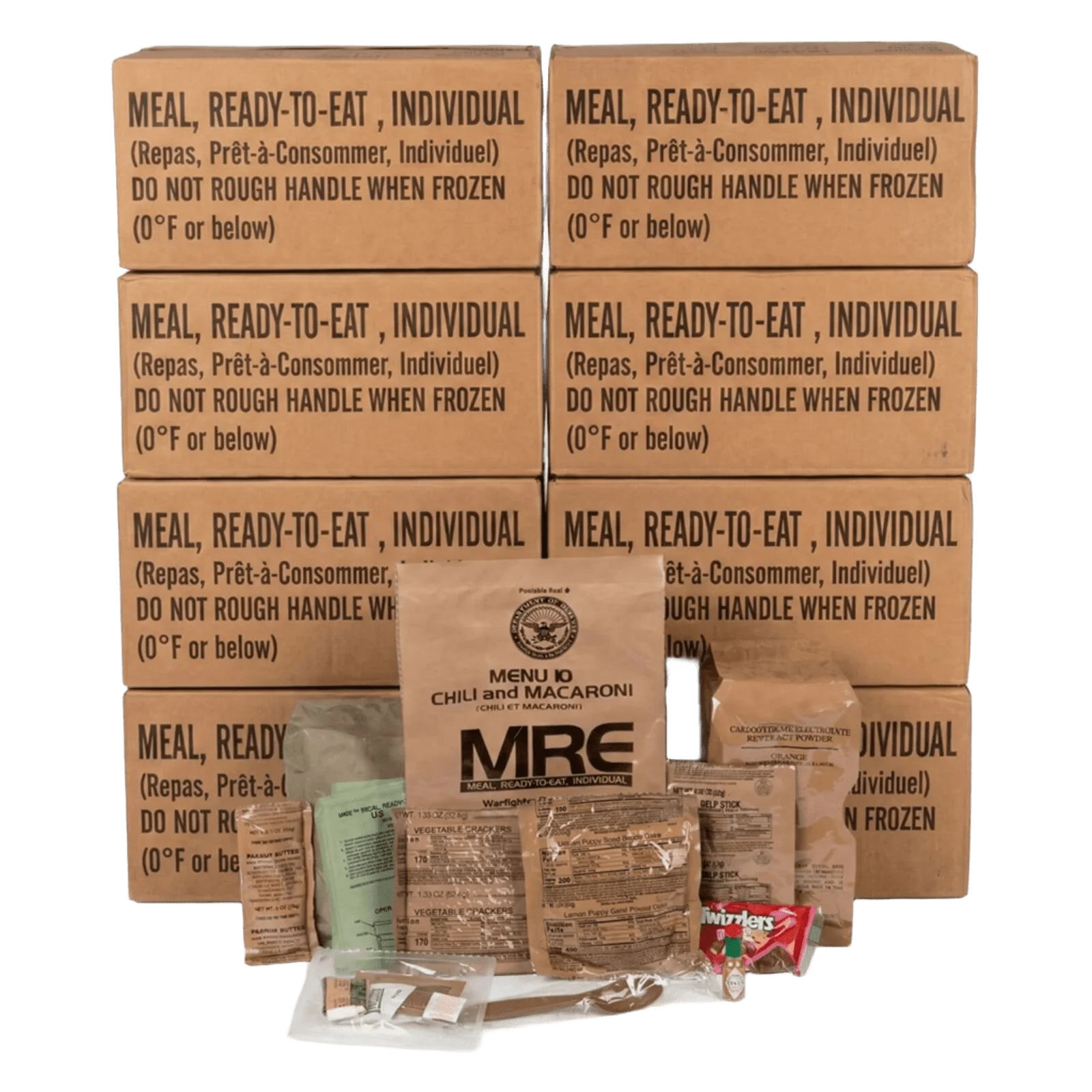 Cases of military Meal, Ready-to-Eat (MRE) rations with the contents of one meal displayed in front.