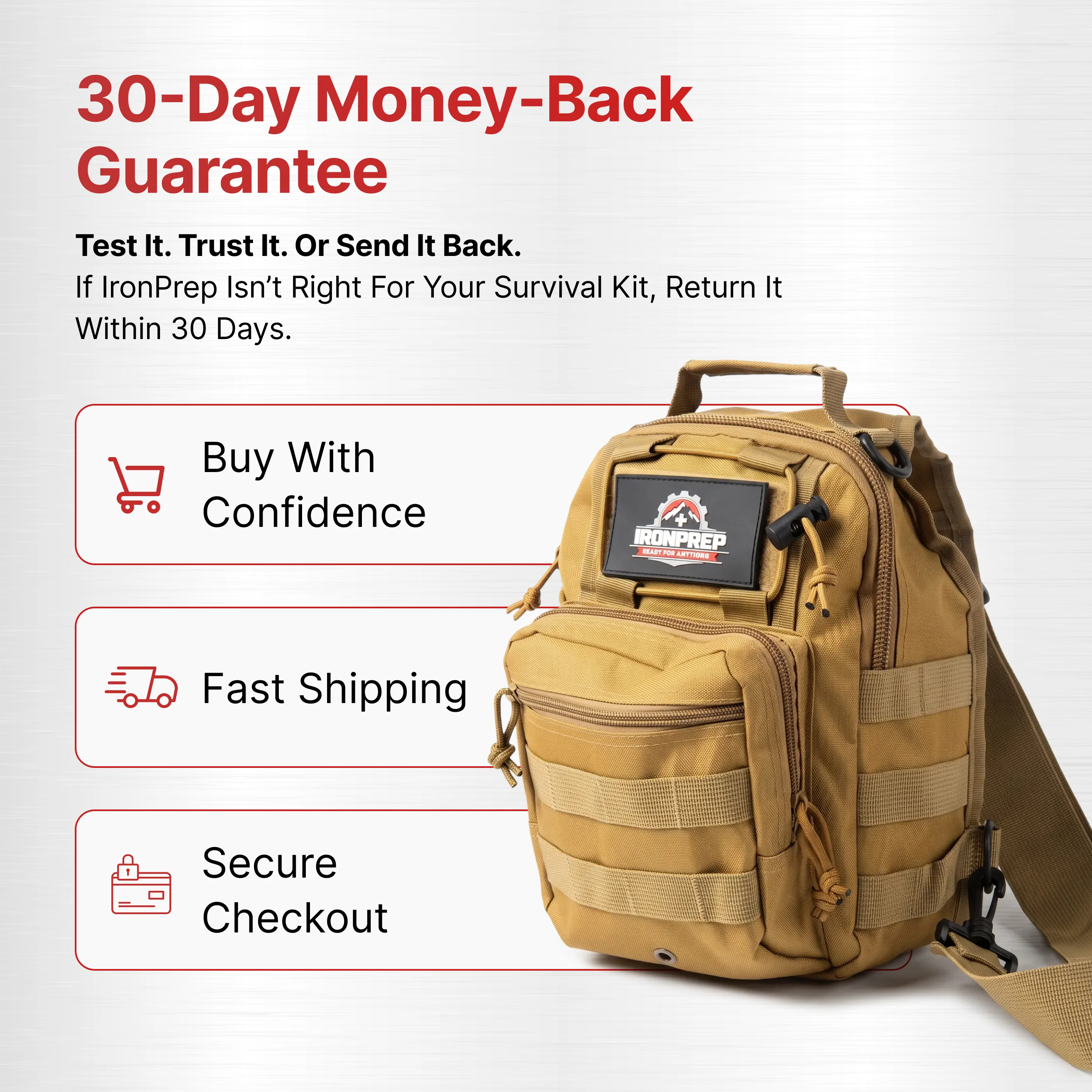 A tan tactical bag next to text advertising a 30-day money-back guarantee and other shopping benefits.