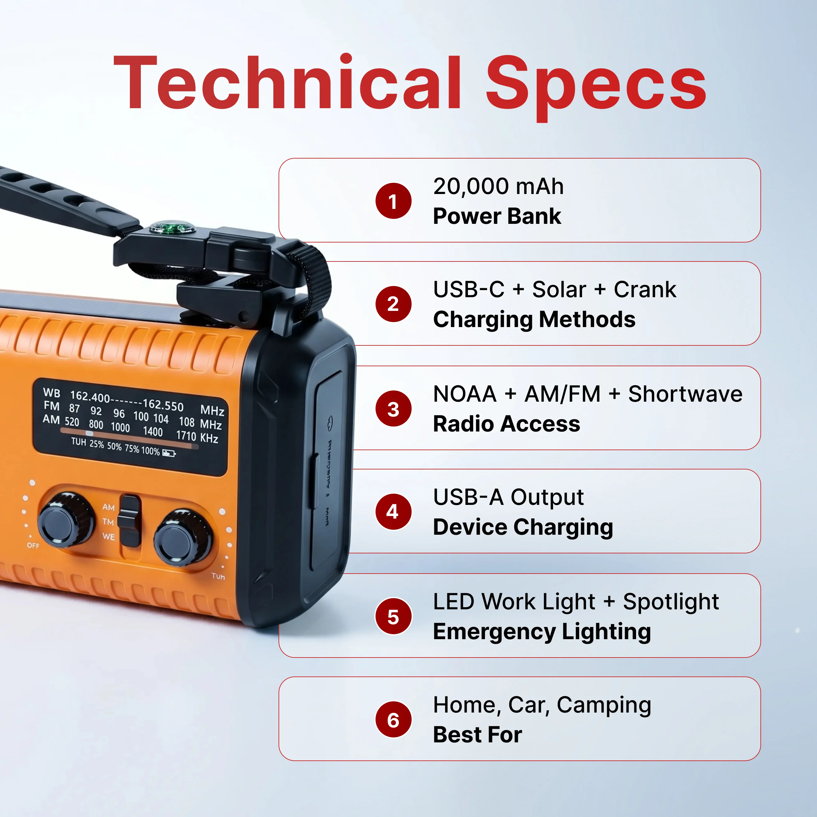 An orange emergency radio next to a numbered list of its technical specifications, like power bank and charging.