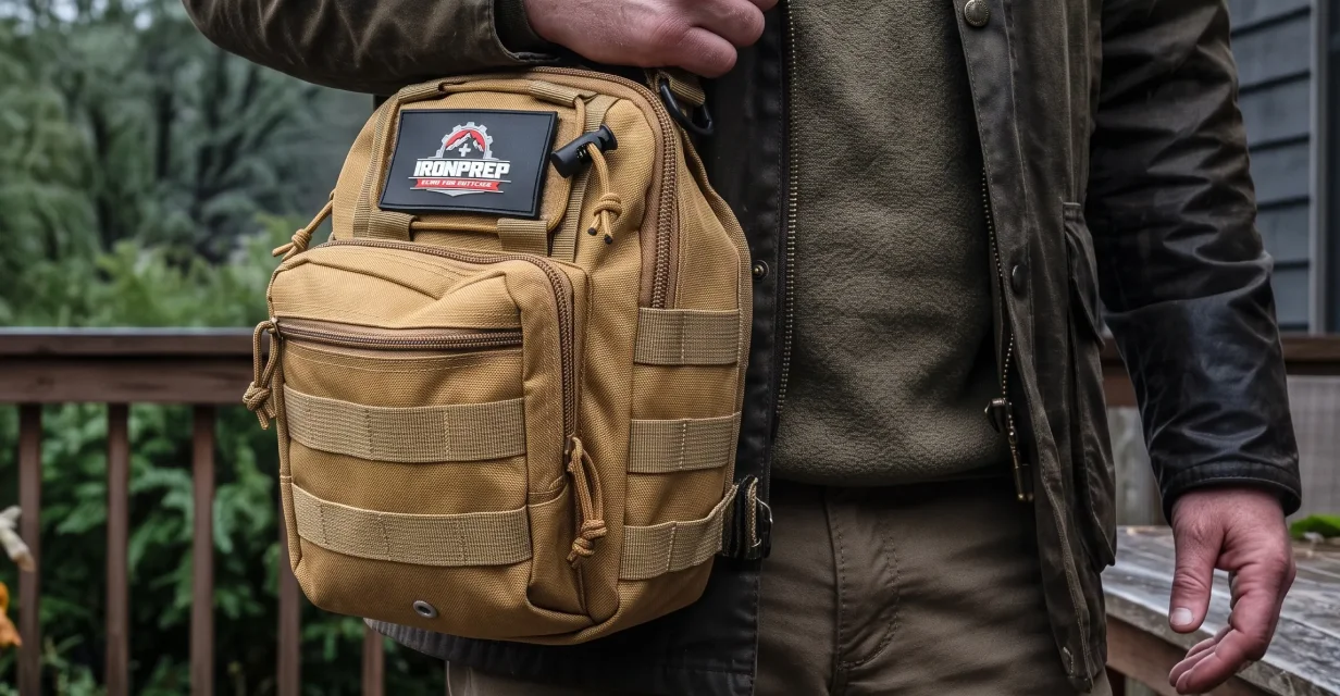 A person wearing a jacket holds a tan tactical shoulder bag with an Ironprep patch.