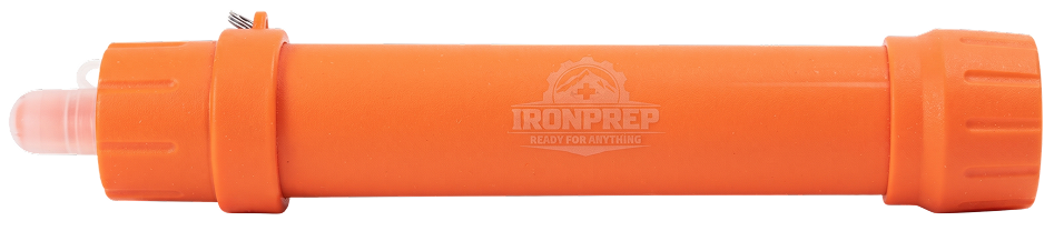 An orange and black portable IRONPREP emergency weather radio with a top handle.
