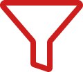 A red outline icon of a funnel on a white background.