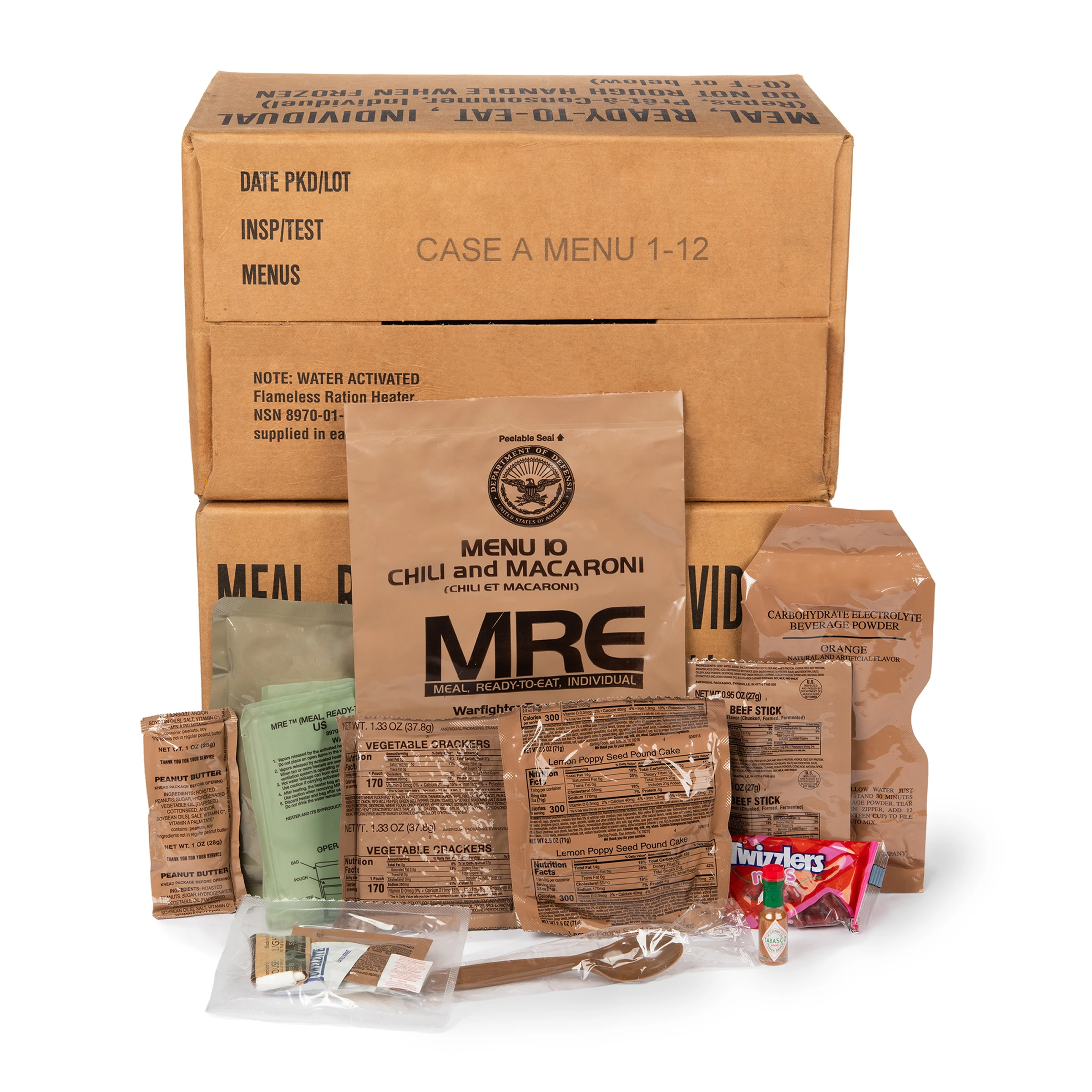 An MRE (Meal, Ready-to-Eat) with contents like chili and macaroni displayed in front of a cardboard case.