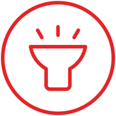 A red outline of a flashlight shining, inside a red circle.