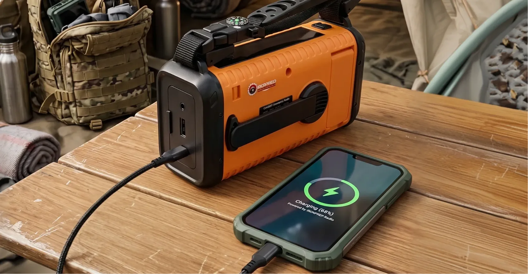 An orange and black portable power station charges a smartphone on a wooden table, with camping gear nearby.