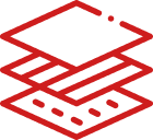 A red line art icon of three stacked layers, each with a different pattern.