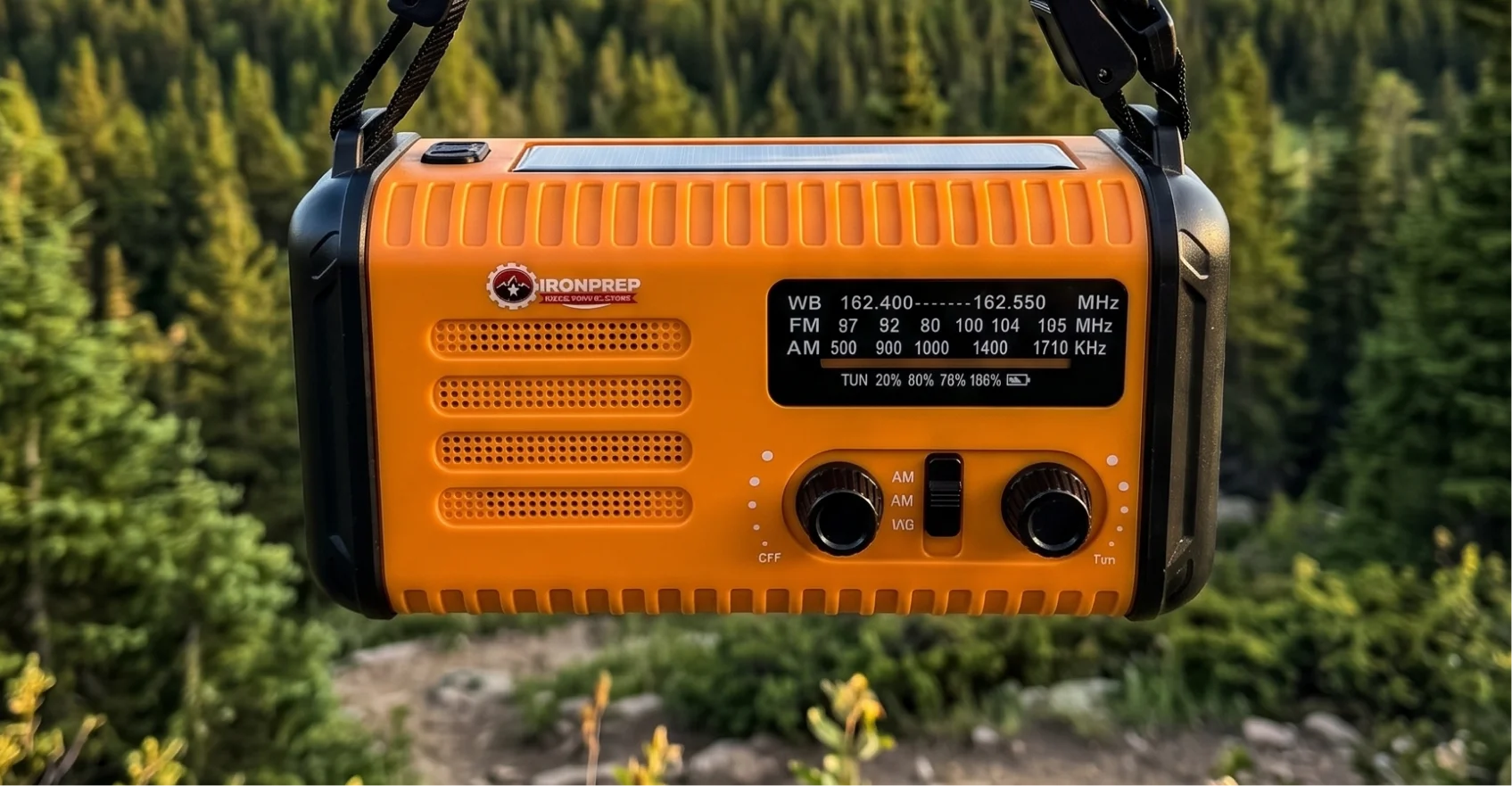 An orange and black solar-powered portable radio hanging in front of a forest.