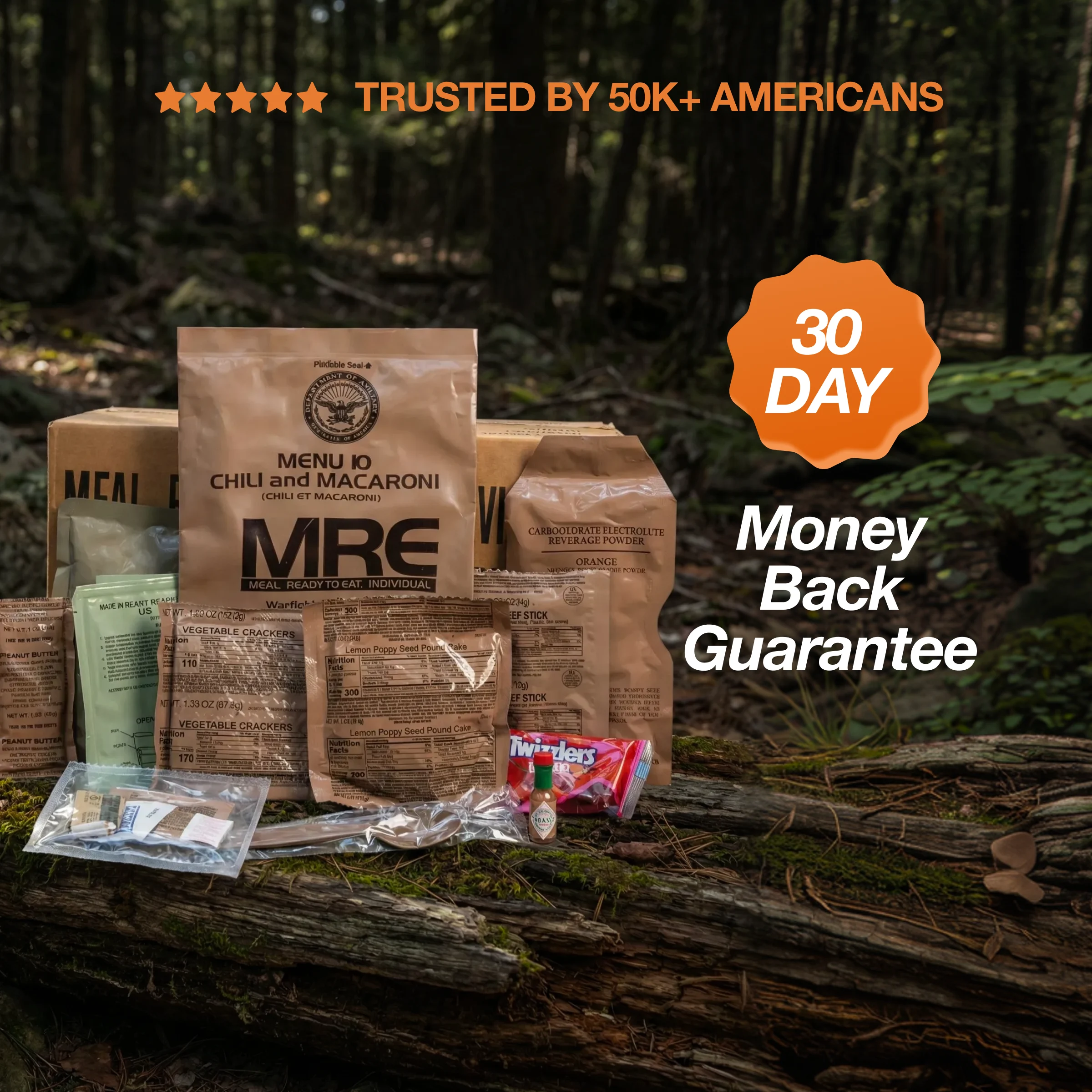 A collection of MRE food packages displayed on a mossy log in a forest.