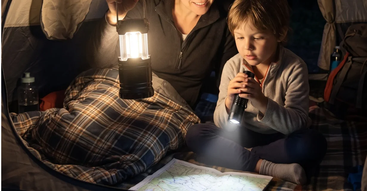 An adult and a child inside a tent look at a map using a lantern and a flashlight.