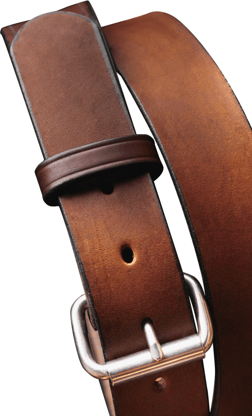 Brown leather belt with a silver buckle.