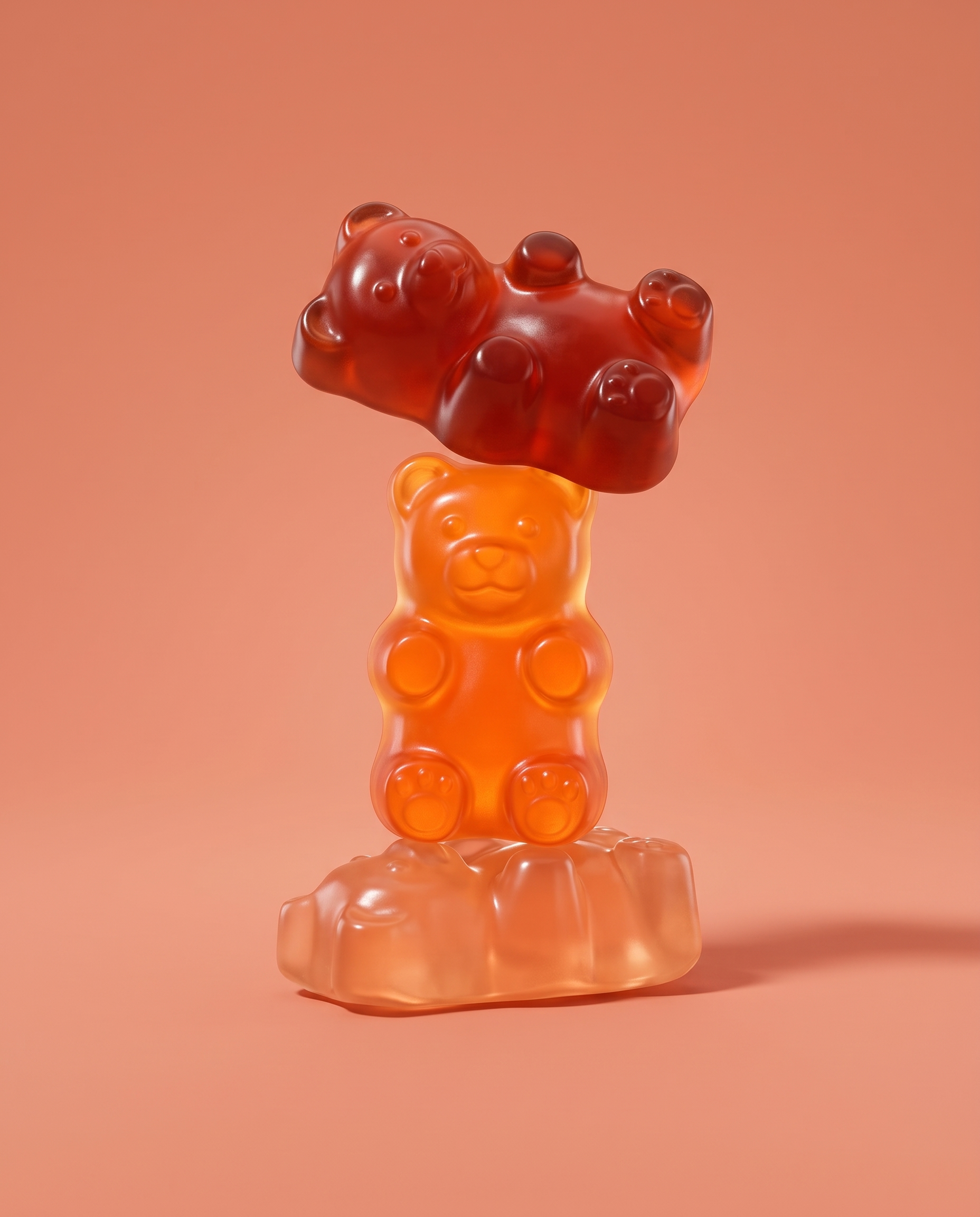 Three colorful gummy bears are stacked on top of each other against a solid pink background.