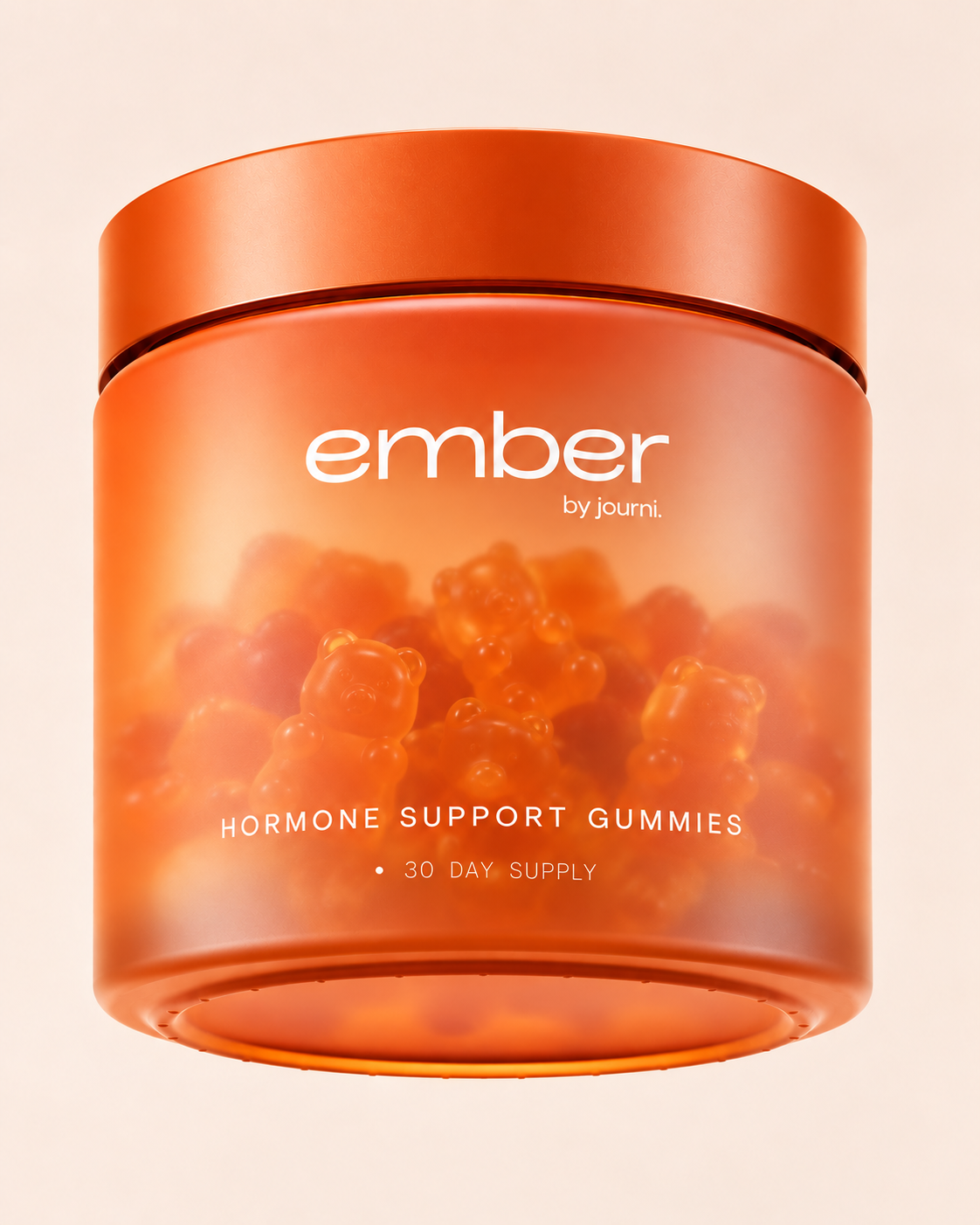 An orange jar of Ember by Journi hormone support gummies, which are bear-shaped and orange.