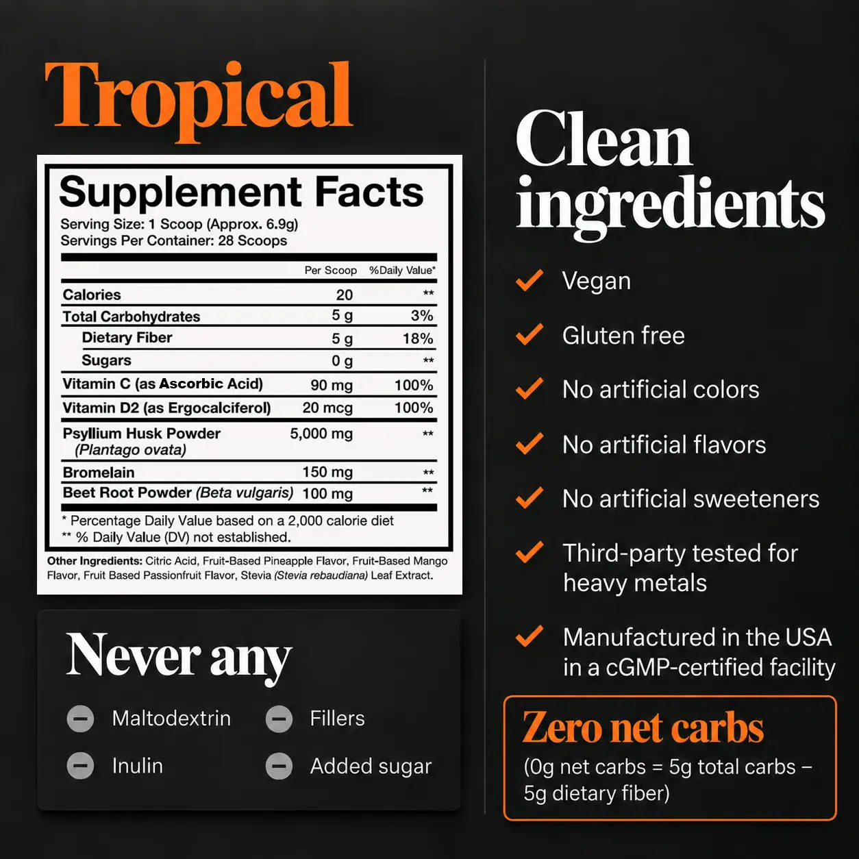 Supplement facts panel for a 'Tropical' product, showing it is vegan, gluten-free, and has zero net carbs.