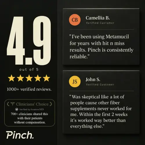 An advertisement for a product called Pinch, showing a 4.9-star rating and positive customer testimonials.