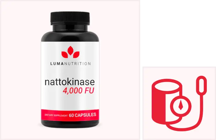 Black bottle labeled 'nattokinase 4,000 FU' with a red blood pressure cuff icon.