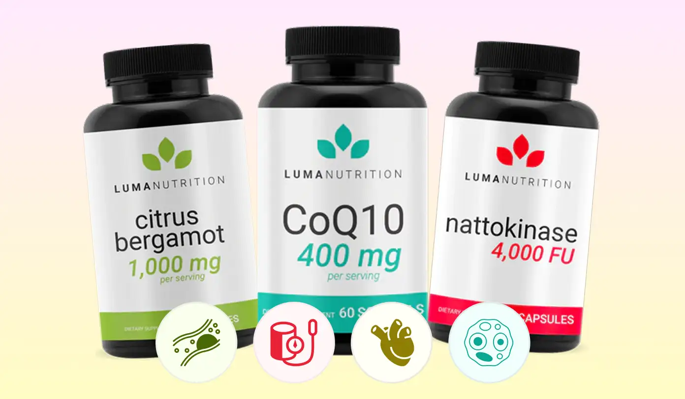 Three supplement bottles labeled citrus bergamot, CoQ10, and nattokinase with icons below.