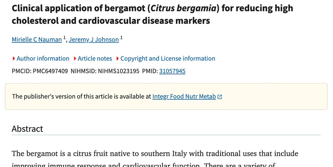 Screenshot of a journal article on bergamot and cardiovascular health.