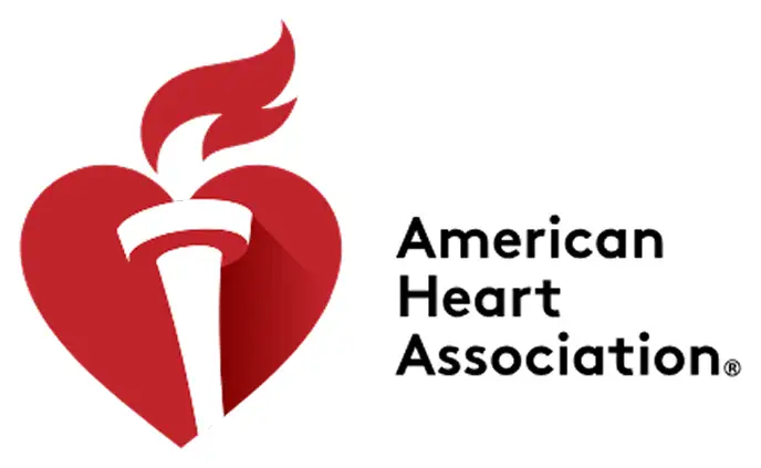 Red heart with torch and 'American Heart Association' text.