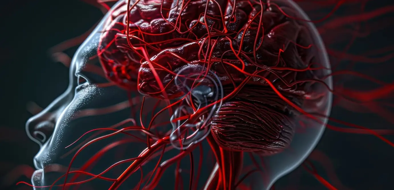 Transparent head showing brain with red veins and arteries.