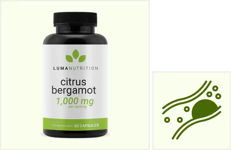 Citrus bergamot supplement bottle next to a green decorative abstract design.