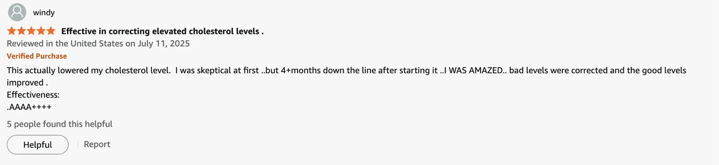 Five-star review for a cholesterol-lowering product with positive feedback and effectiveness rating AAA++++.