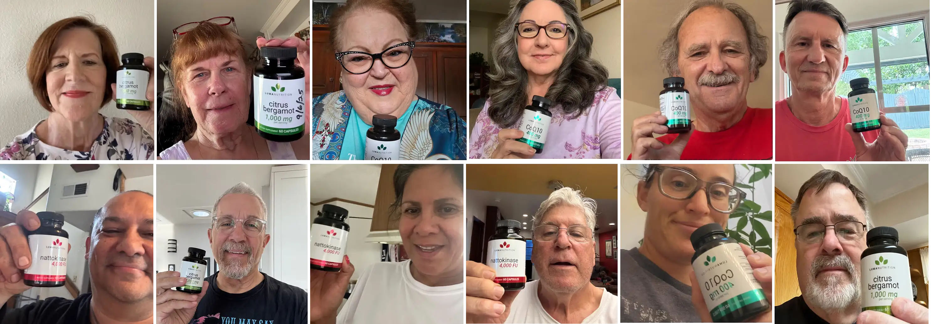 People holding bottles of dietary supplements with labels visible.