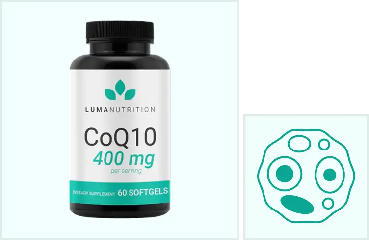 Black bottle labeled 'CoQ10 400 mg', next to a teal abstract design.