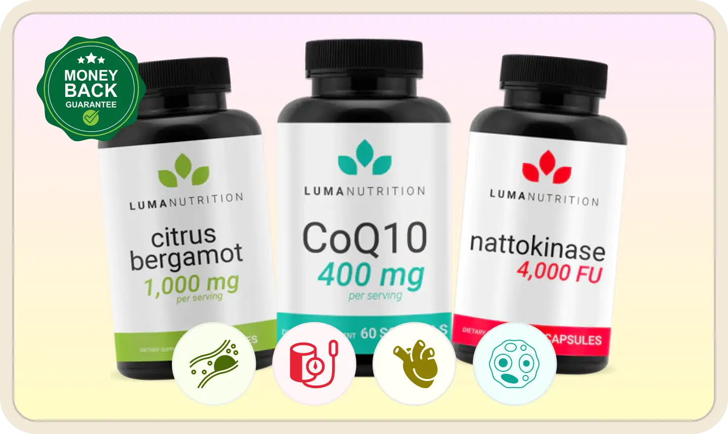 Three supplement bottles with labels 'citrus bergamot,' 'CoQ10,' and 'nattokinase.'