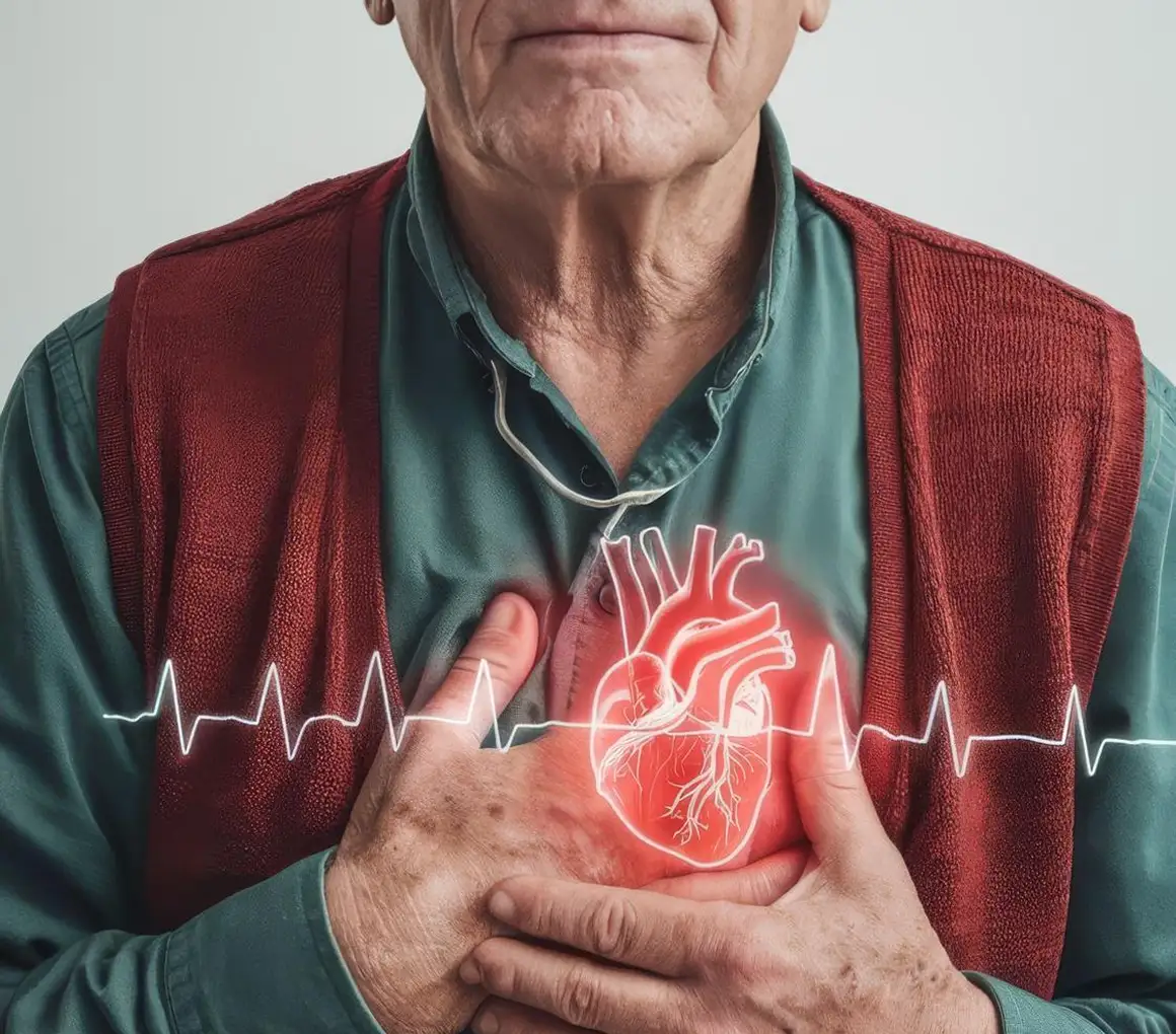 Man holding chest with glowing heart and heartbeat line overlay.