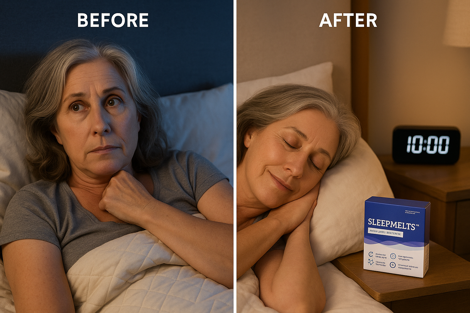 Split image of a woman before and after using a sleep aid product.