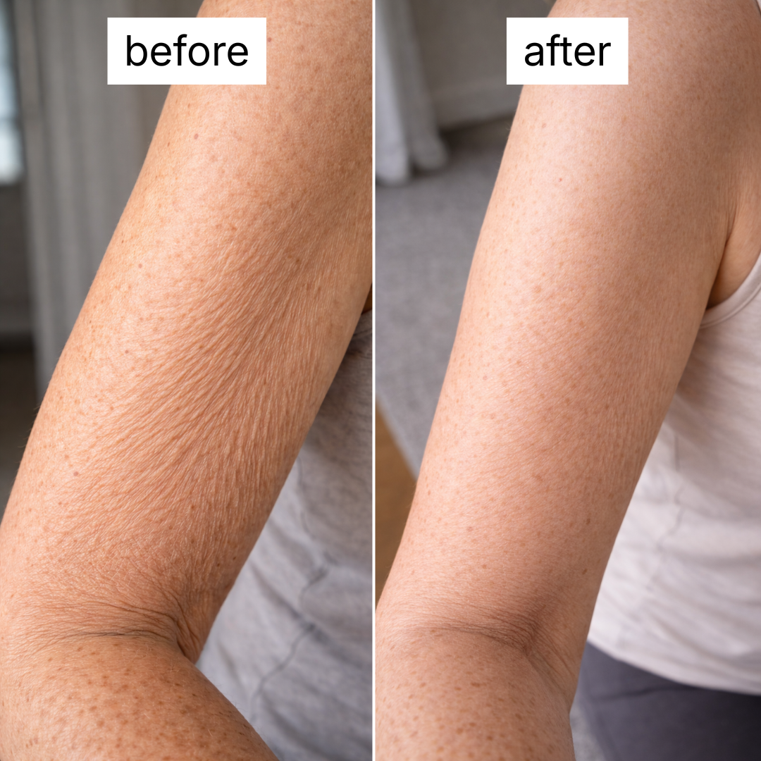 A before-and-after split image showing wrinkled skin on an arm appearing smoother and more hydrated.