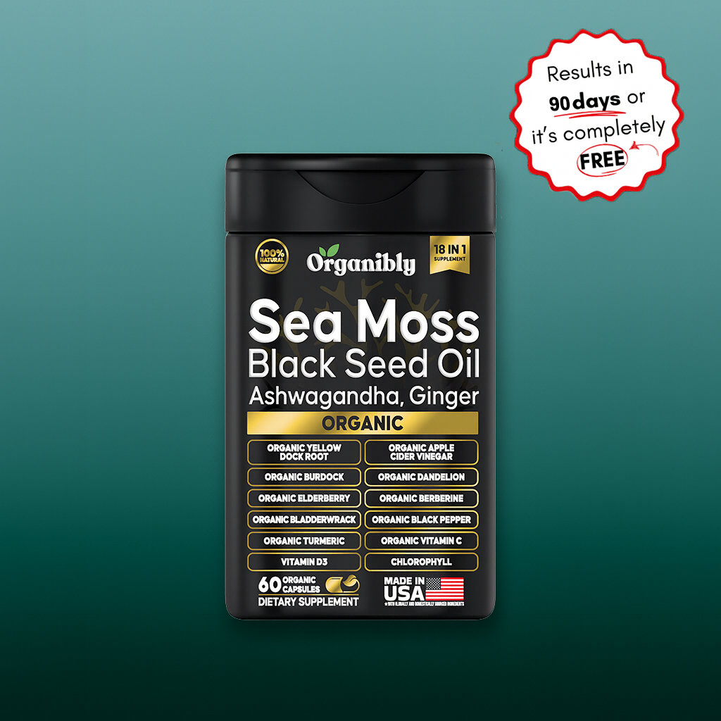 Supplement bottle labeled Sea Moss Black Seed Oil on a green background.