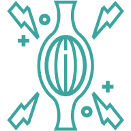Abstract teal icon with a central oval shape and surrounding lightning bolts.