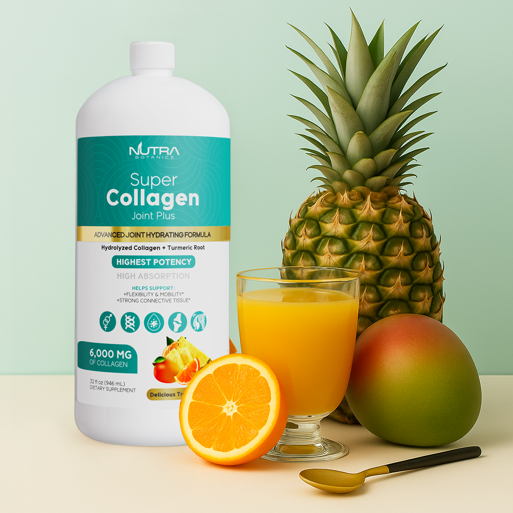 Collagen supplement bottle with pineapple, orange, mango, and juice on a table.