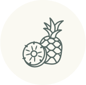 Illustration of a pineapple and a sliced kiwi in a circle.
