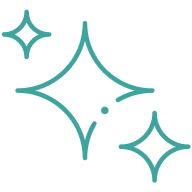 Three teal sparkle icons on a white background.